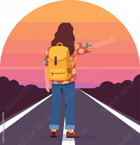 A traveler with a yellow backpack hitchhiking on an empty road at sunset in flat vector art
