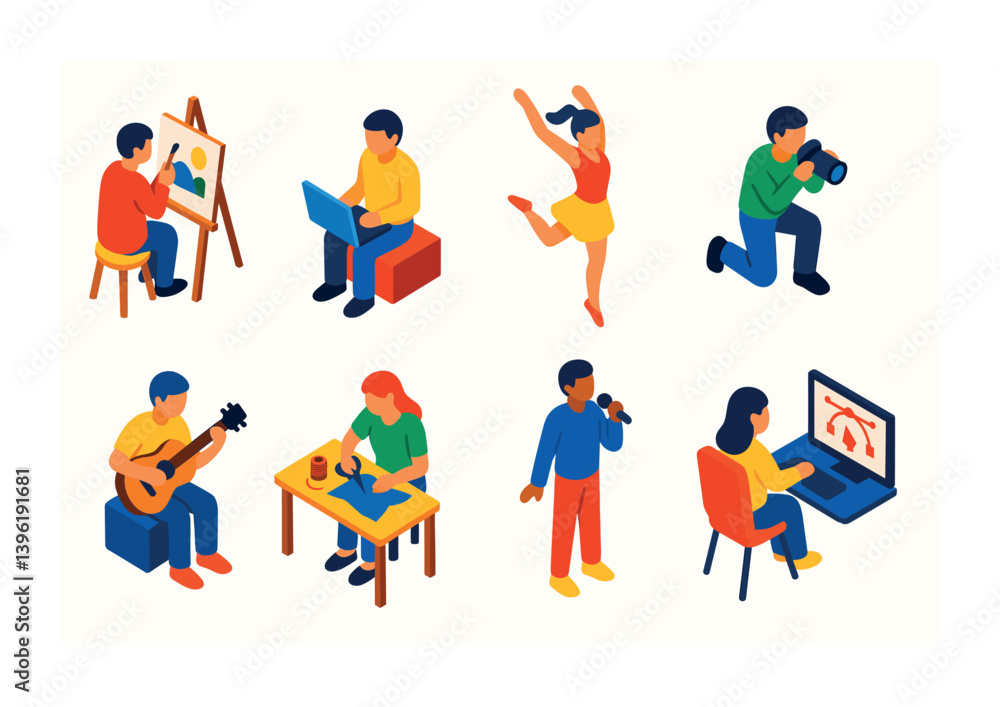 Fototapeta premium Creative hobby icons set in isometric 3d style: art, dance, music, photography