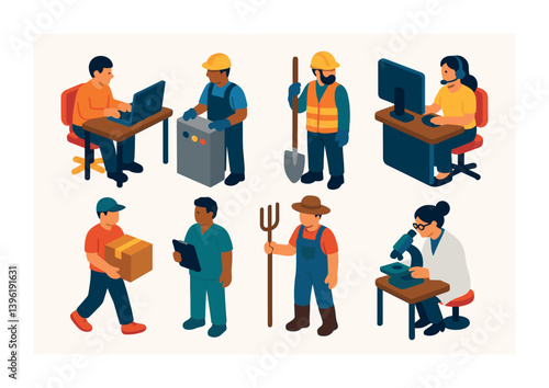 Isometric professions icons set featuring diverse occupations in a 3d style