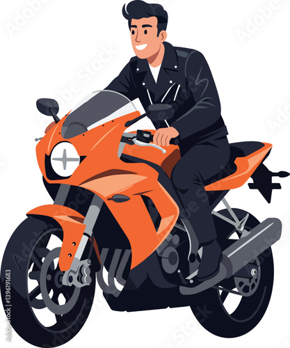 A young man riding an orange sports motorcycle in a minimal and modern style vector illustration