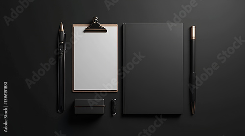 Real photo, black stationery branding mockup template, 
