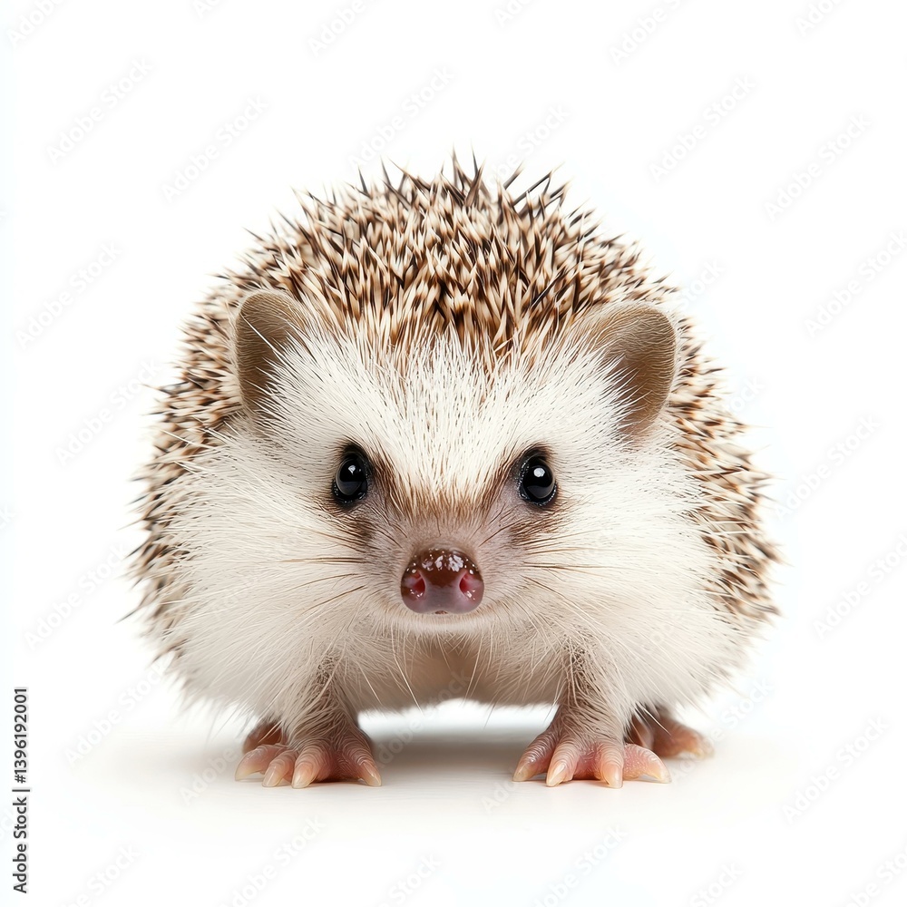 Obraz premium A cute hedgehog perched on a clean white background, showcasing its distinctive spines and adorable face.