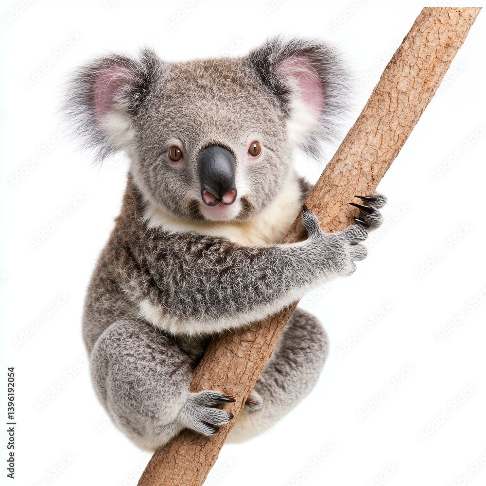 Naklejka premium Adorable koala resting peacefully, showcasing its unique features against a clean, white backdrop. Pure cuteness
