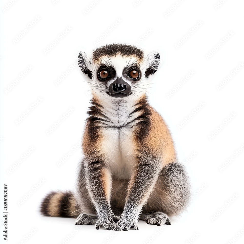 A playful lemur stands out vividly against a clean white backdrop, showcasing its unique features and charm. A playful lemur stands out vividly against a clean white backdrop, showcasing its unique features and charm.