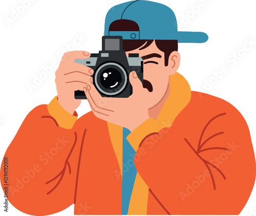 A young photographer capturing moments with a camera in a flat vector art style