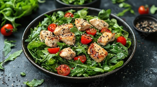 Grilled chicken salad with arugula and cherry tomatoes