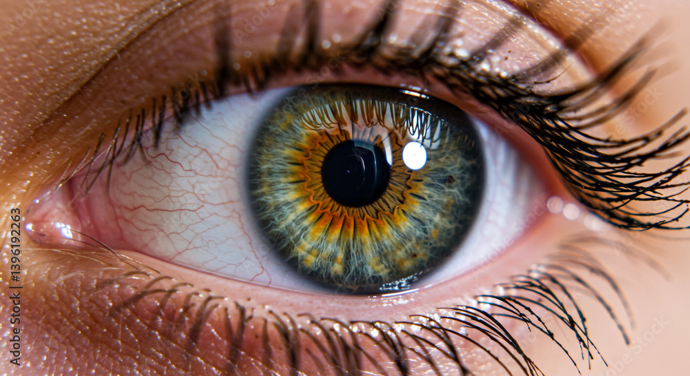 Fototapeta premium A captivating green eye, flecked with gold and brown, reveals a depth of emotion and untold stories, a mesmerizing close-up with striking detail and rich color.