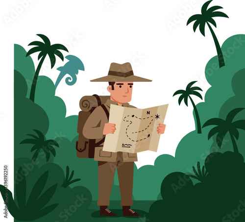 Adventurer with a map exploring lush jungle terrain in flat vector art