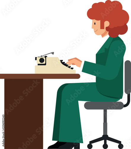 A woman typing on a vintage typewriter at a wooden desk in flat vector art