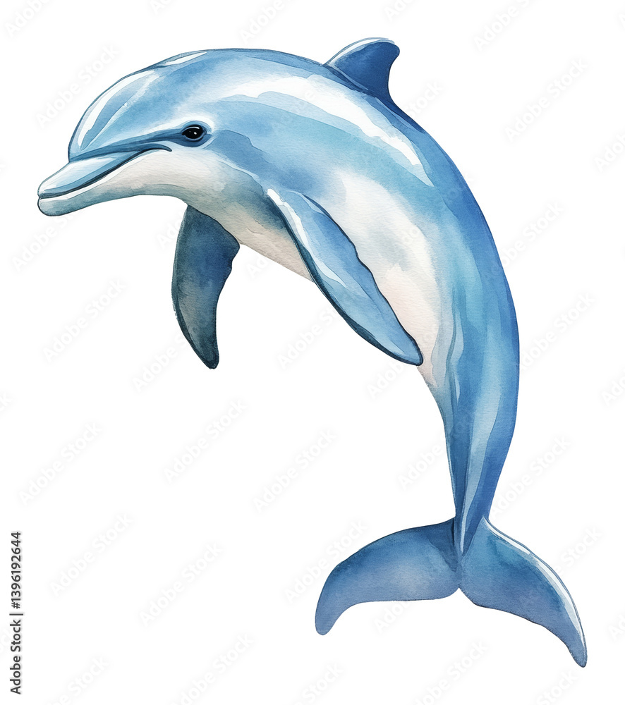 Obraz premium Watercolor illustration of a jumping blue dolphin with graceful pose