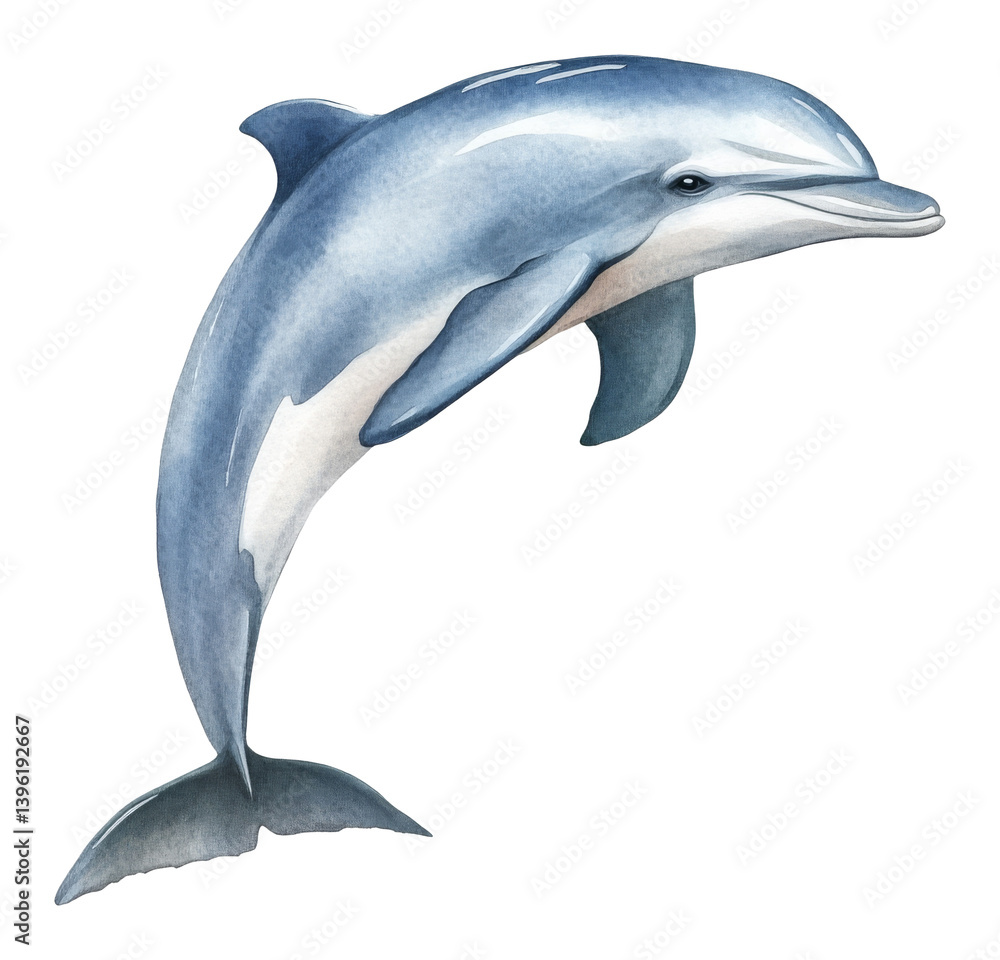 Obraz premium Watercolor illustration of a blue dolphin jumping in mid-air on a transparent background, marine life concept