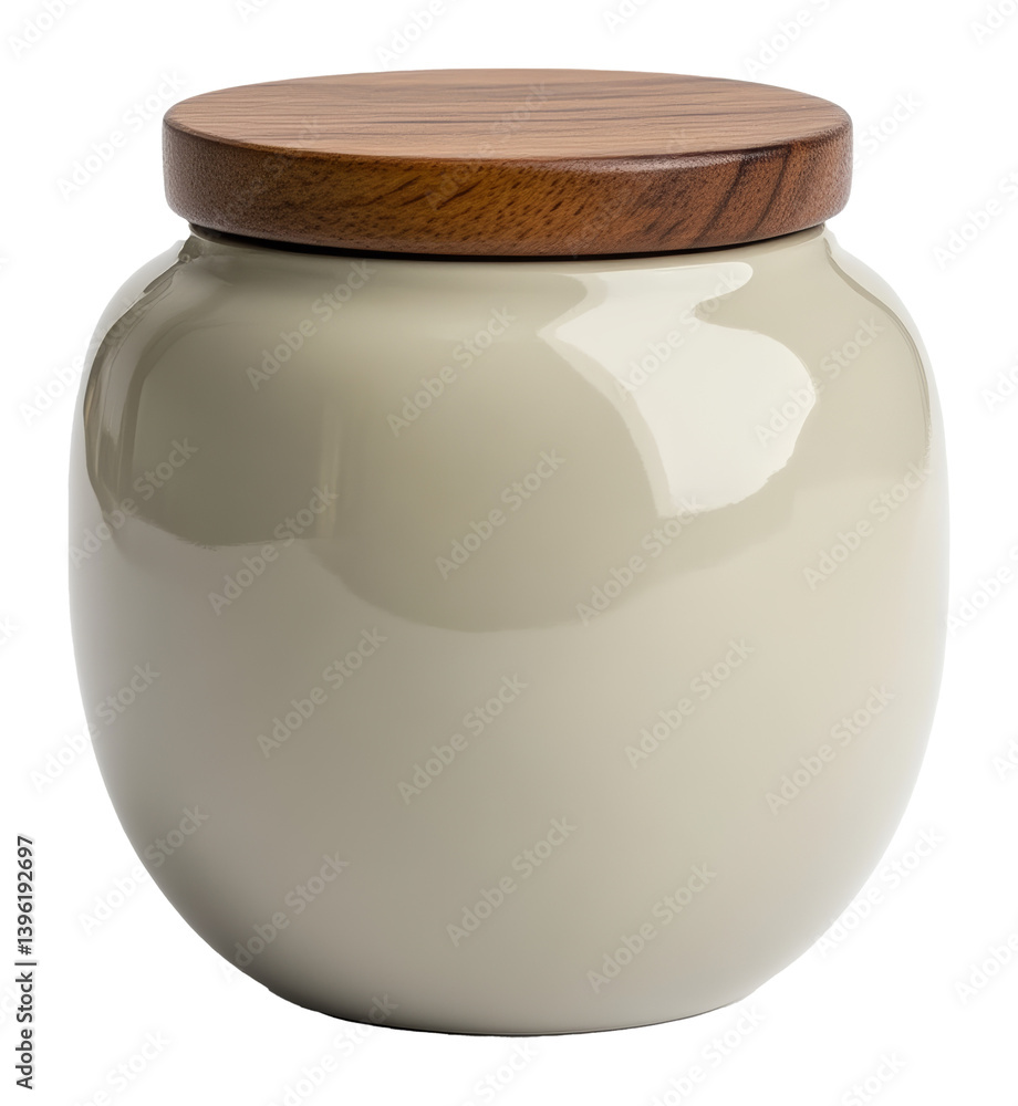 Cream ceramic jar with wooden lid reflecting light on transparent background Cream ceramic jar with wooden lid reflecting light on transparent background