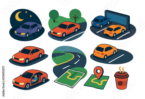 Isometric night driving icons set: car, map, coffee, road