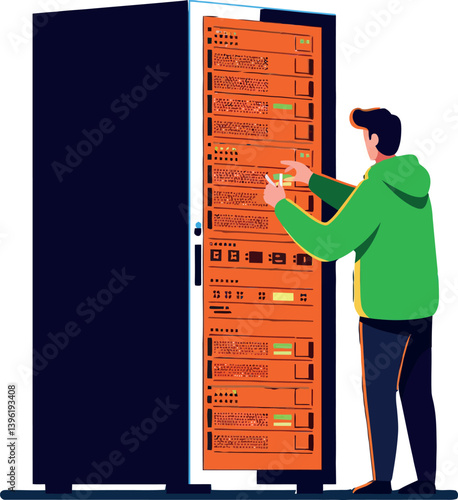 A person interacting with a modern vending machine in a flat vector illustration