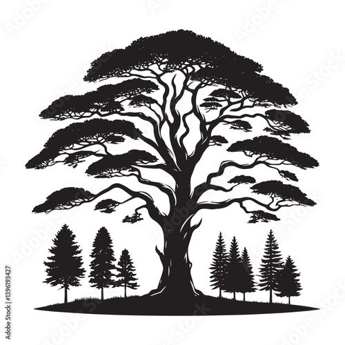 Pine Tree Vector Silhouette, Elegant Evergreen Tree Outline, Nature-Inspired Clipart for Wall Art, Logos, Stickers, Apparel, Digital Prints, Crafts, Posters, and Home Decor.