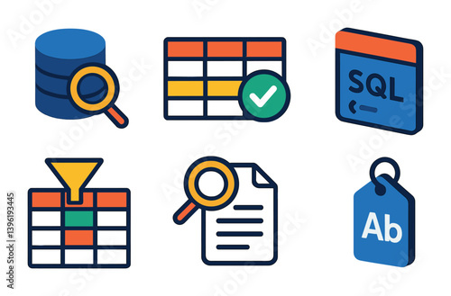 Database management icons set: flat style collection for data analysis