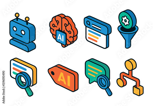 Ai and machine learning 3d icons set: robot, brain, search, funnel, tag, chat