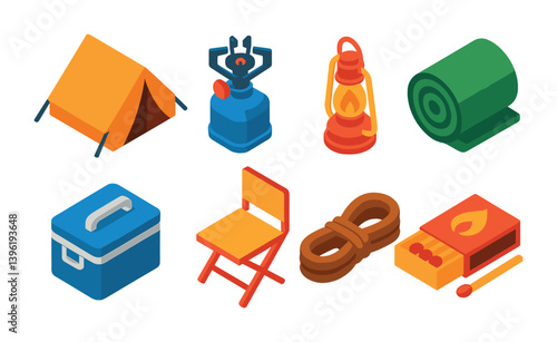 Colorful 3d icons set: essential camping gear for outdoor adventures