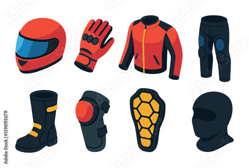 Collection of 8 stylish protective motorcycle gear icons in vibrant 3d design