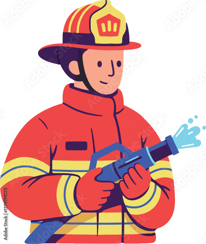 Firefighter in bright uniform holding a hose spraying water in a flat vector illustration