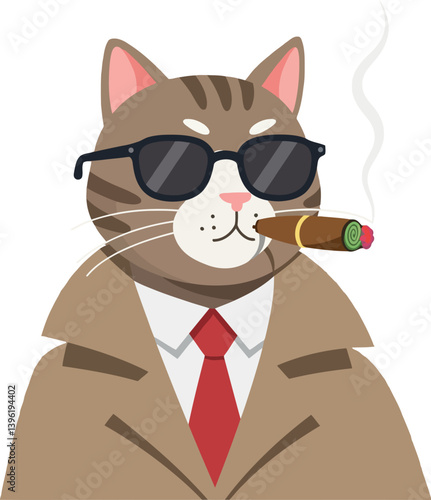 Cat wearing sunglasses and a trench coat with a cigar in its mouth in a flat vector illustration