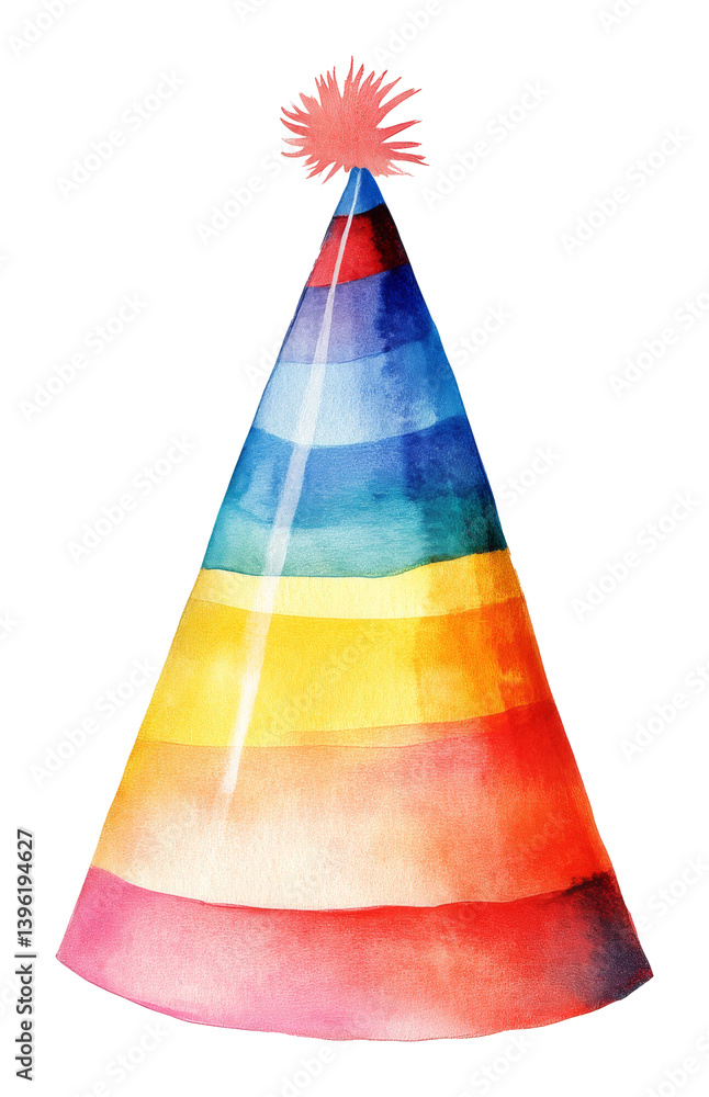 Colorful party hat with rainbow stripes and top pom-pom on transparent background, watercolor illustration Colorful party hat with rainbow stripes and top pom-pom on transparent background, watercolor illustration