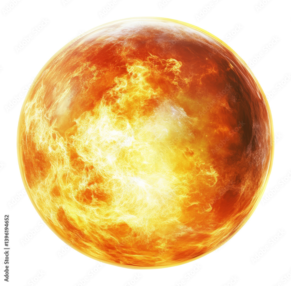 Fiery surface of an orange swirling planet with bright flames on transparent background, space concept art Fiery surface of an orange swirling planet with bright flames on transparent background, space concept art