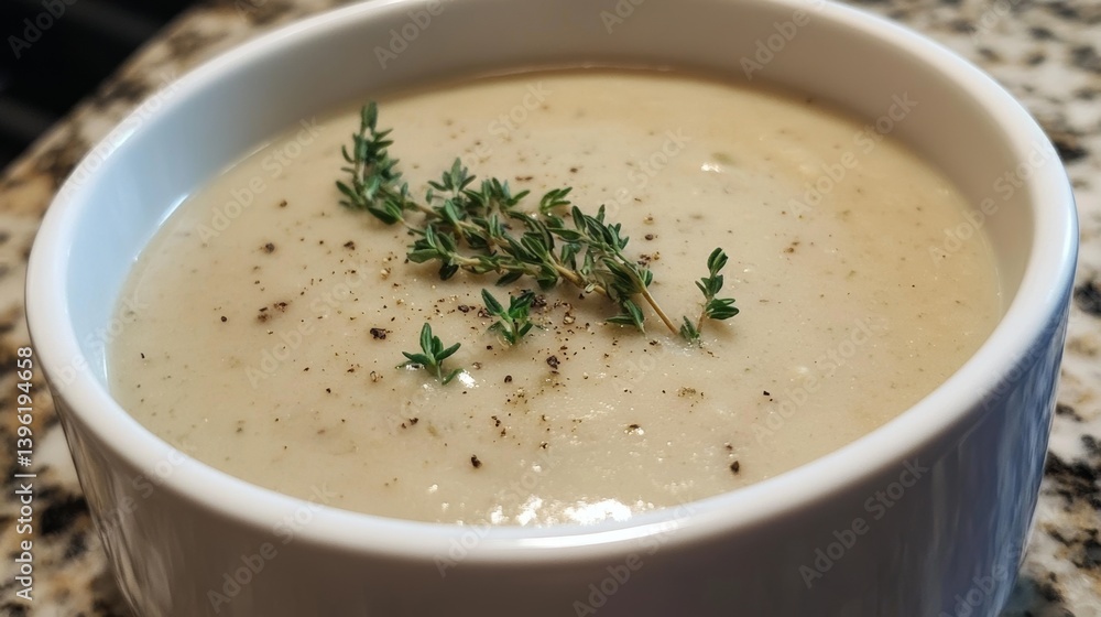Creamy mushroom soup garnished with fresh herbs in a white bowl on a textured countertop, showcasing a delicious and comforting dish, healthy eating concept Creamy mushroom soup garnished with fresh herbs in a white bowl on a textured countertop, showcasing a delicious and comforting dish, healthy eating concept