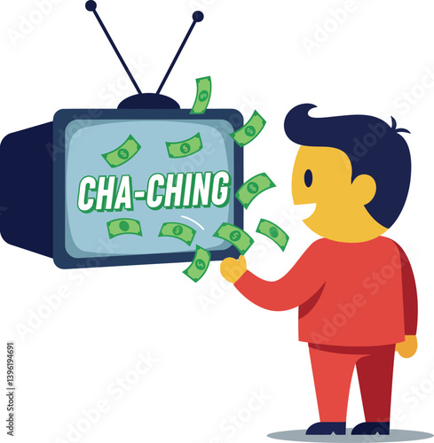 A cheerful boy interacting with a vintage television displaying money symbols in a flat vector illustration