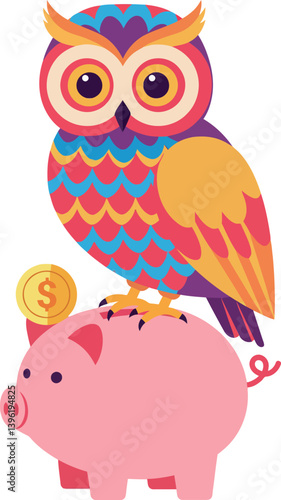 Colorful owl perched on a piggy bank with a dollar coin in flat vector art