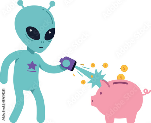 Alien character using a gadget to extract coins from a pink piggy bank in flat vector art