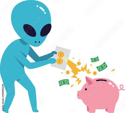 Alien character with a blue body breaking open a piggy bank in flat vector art