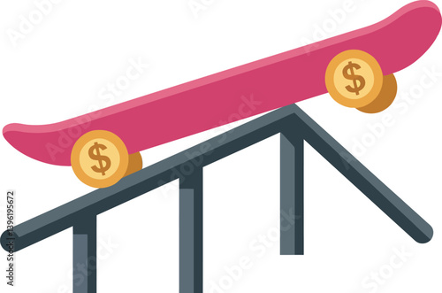 Skateboard performing tricks on a rail with dollar symbols in flat vector illustration