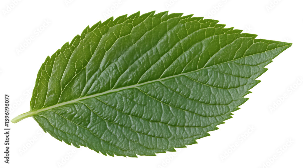 Obraz premium Close-up of a single green leaf with detailed texture and sharp edges on transparent background