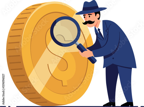 A detective inspecting a large gold coin with a magnifying glass in a flat vector illustration