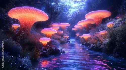 Wallpaper Mural A surreal underwater world with floating bioluminescent structures, glowing coral formations pulsating with radiant colors, Torontodigital.ca