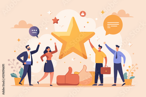 Team celebrating success with a golden star and positive feedback in a light and airy illustration style