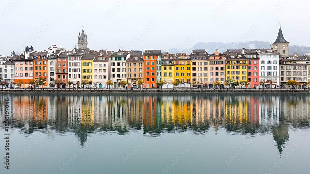 Obraz premium Colorful Buildings Reflecting On Calm Water In Swiss City