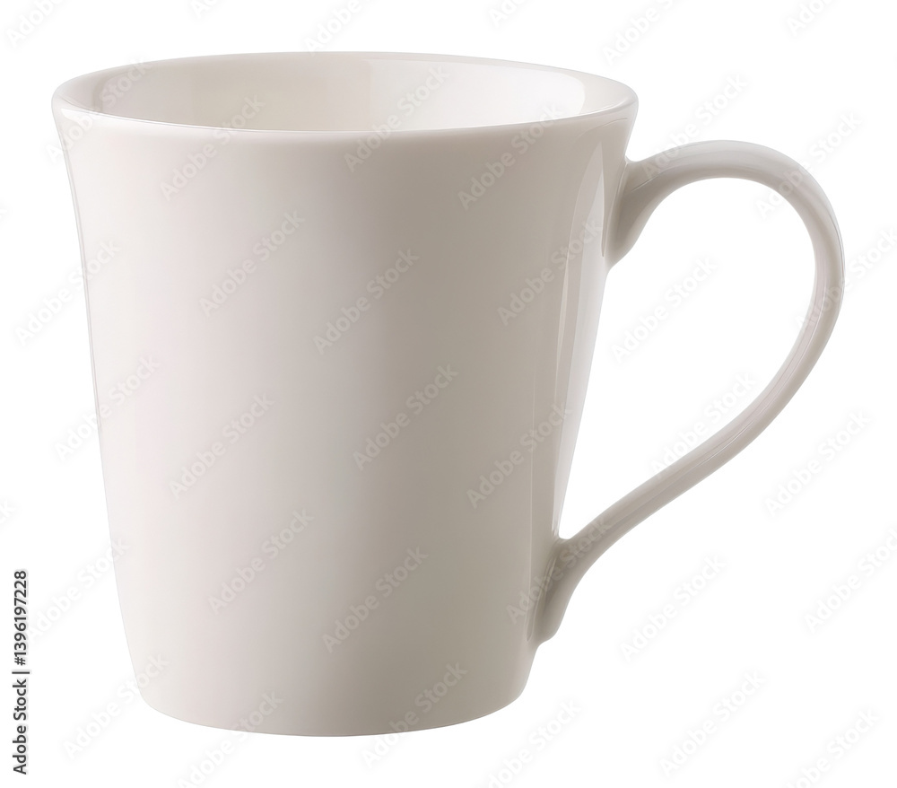 White ceramic mug with a smooth finish and curved handle isolated on a transparent background White ceramic mug with a smooth finish and curved handle isolated on a transparent background