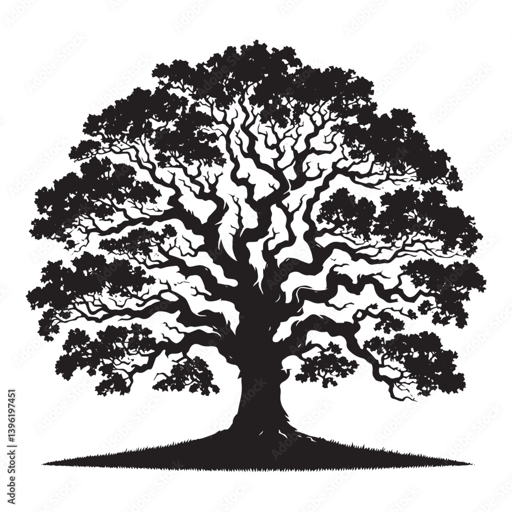 Fototapeta premium Oak Tree Vector Silhouette, Majestic Tree Outline, Nature-Inspired Clipart for Wall Art, Logos, Stickers, Apparel, Digital Prints, Crafts, Posters, and Home Decor.