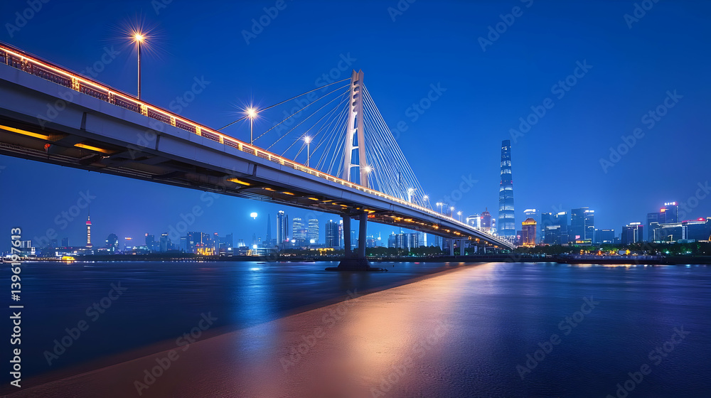 Night City Skyline With Cable Bridge Reflecting in Water Night City Skyline With Cable Bridge Reflecting in Water