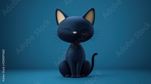 Adorable 3D Cat with Closed Eyes on a Blue Background Cute Animal Illustration Digital Art fo