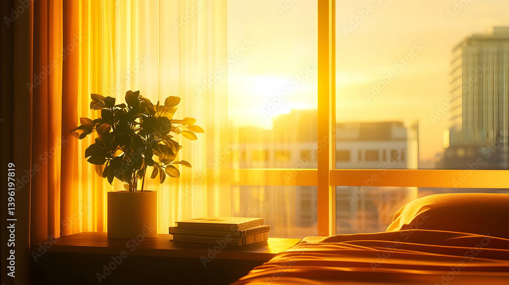 Obraz premium Sunrise View From Bedroom Window With Cityscape