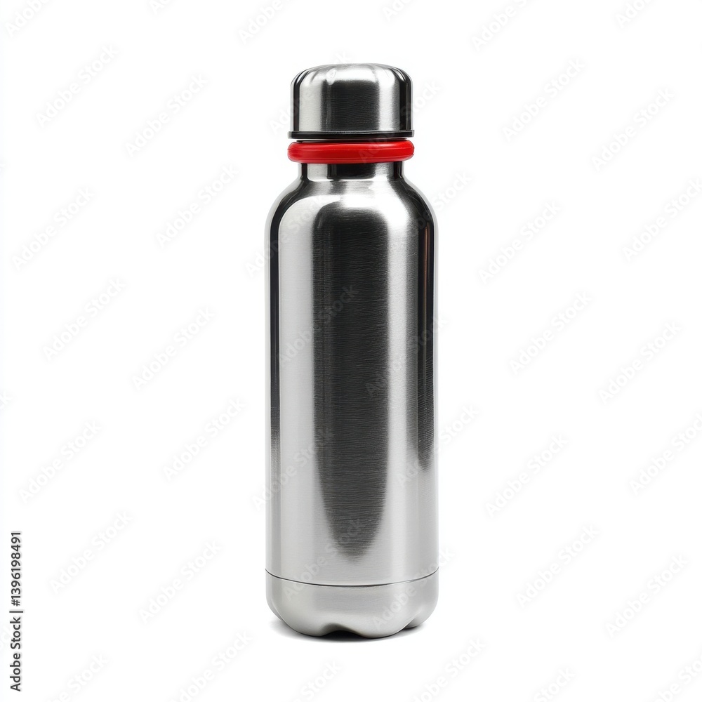 Close up of metal water bottle with red ring isolated on white background Close up of metal water bottle with red ring isolated on white background