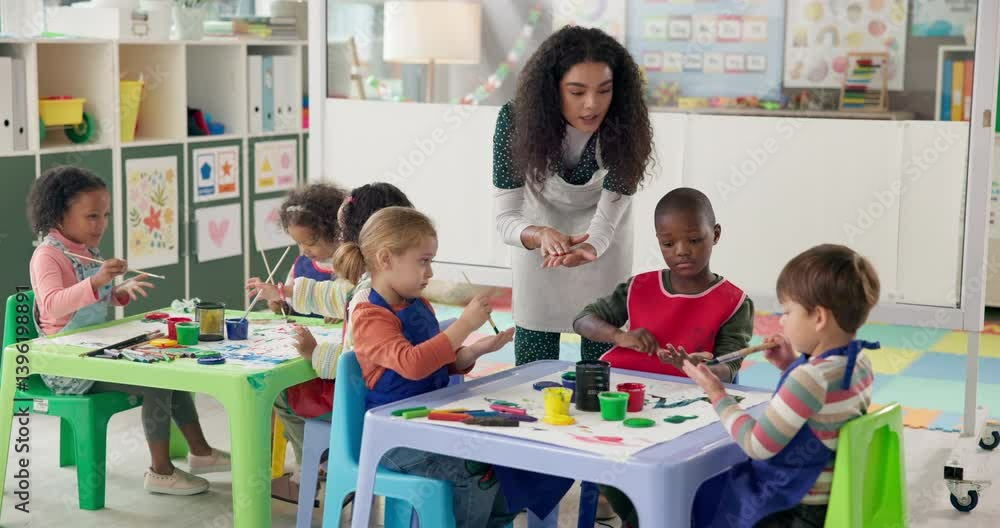 Teaching, children and painting in classroom, woman and education for ...