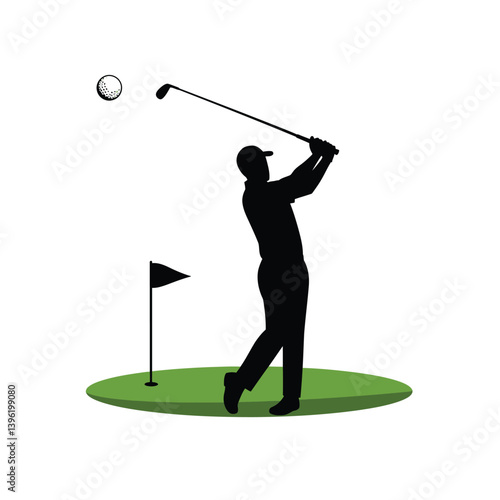 Golf Player Silhouette Swinging Club With Ball Near Green Flag