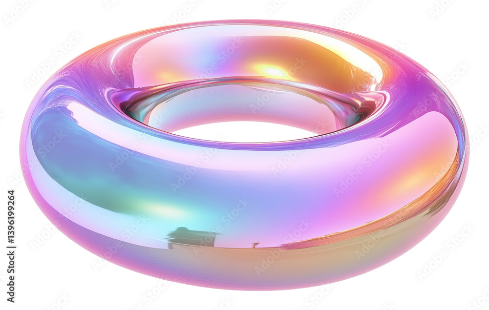 Reflective rainbow-colored inflatable ring with iridescent glow on transparent background, 3D digital artwork Reflective rainbow-colored inflatable ring with iridescent glow on transparent background, 3D digital artwork