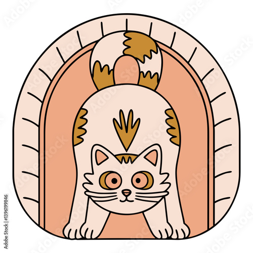 Cat icon crouching in pet house in orange and brown colors