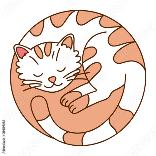 Sleeping curled up cat icon in orange and white colors