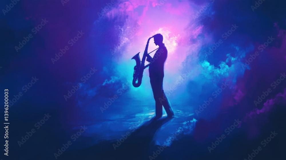 Silhouette of a saxophonist surrounded by dreamy blue and purple light haze during a night performance Silhouette of a saxophonist surrounded by dreamy blue and purple light haze during a night performance